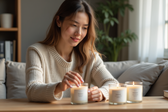 Jeune femme arrangeant des bougies parfumées dans un salon lumineux