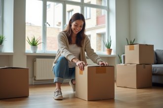 Jeune femme emballant des cartons dans un appartement lumineux