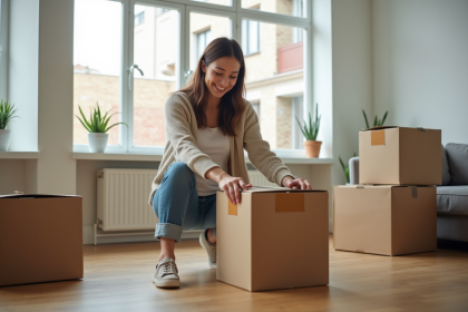 Jeune femme emballant des cartons dans un appartement lumineux
