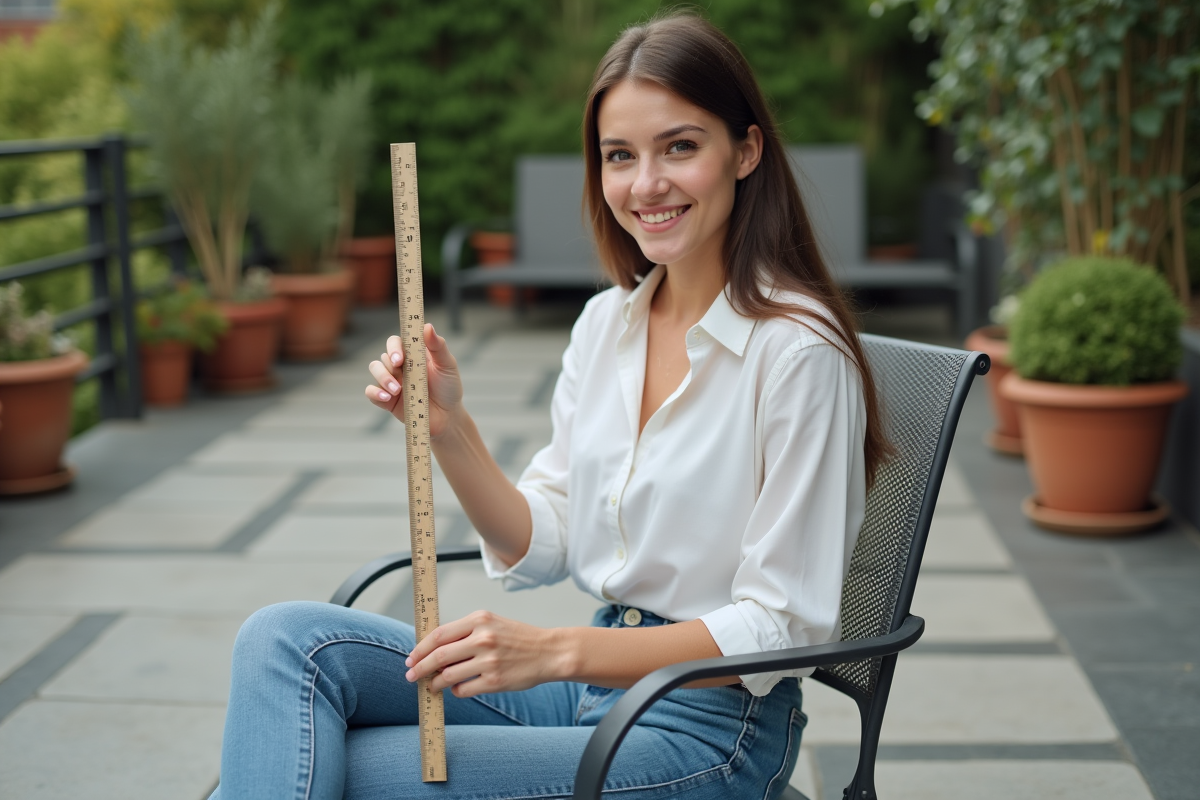 Jeune femme mesurant une chaise en extérieur