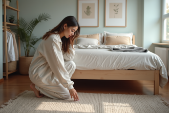 Jeune femme ajustant un tapis dans une chambre cosy