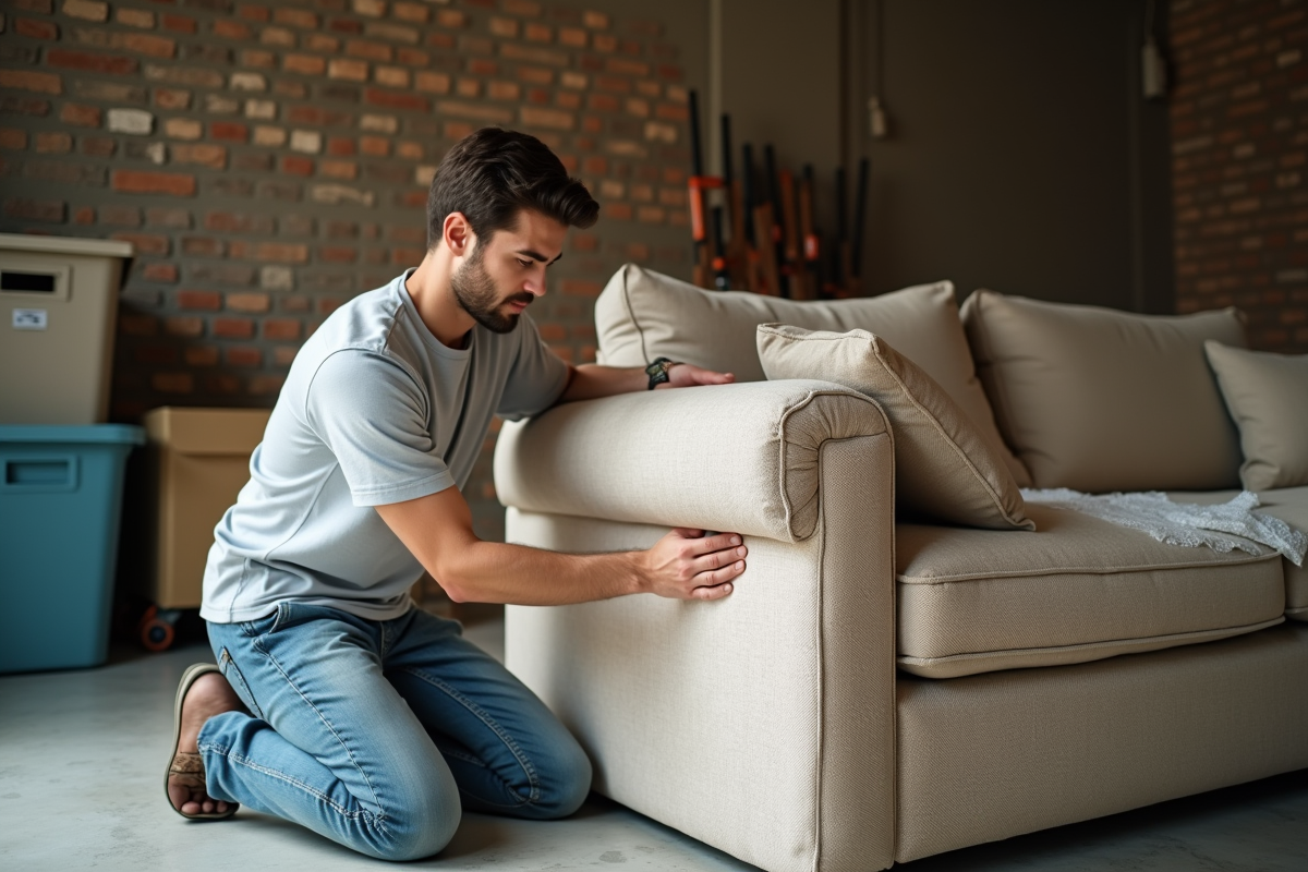 Jeune homme appliquant du film bulle sur un canapé beige dans un garage