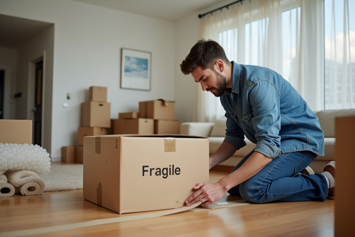 Jeune homme scellant une boîte fragile dans un salon moderne