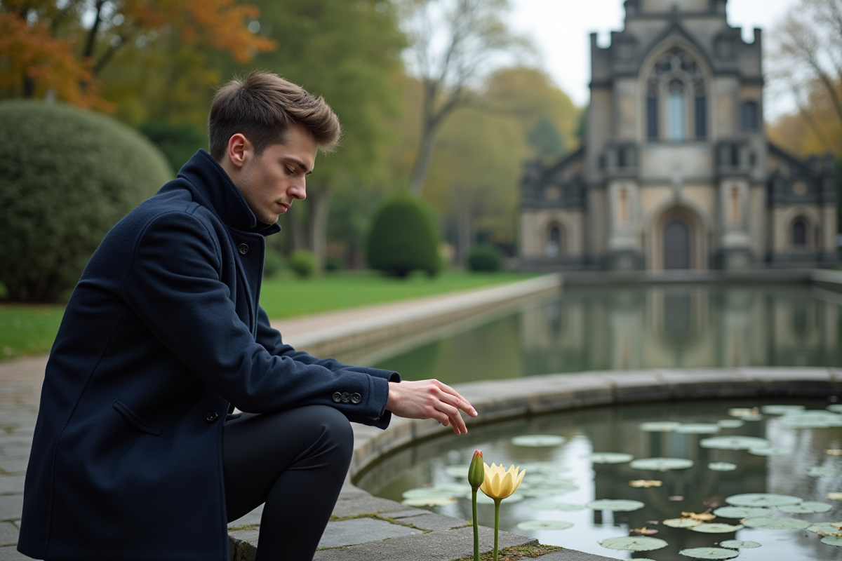 Jeune homme posant un lys sur l’eau dans un jardin calme