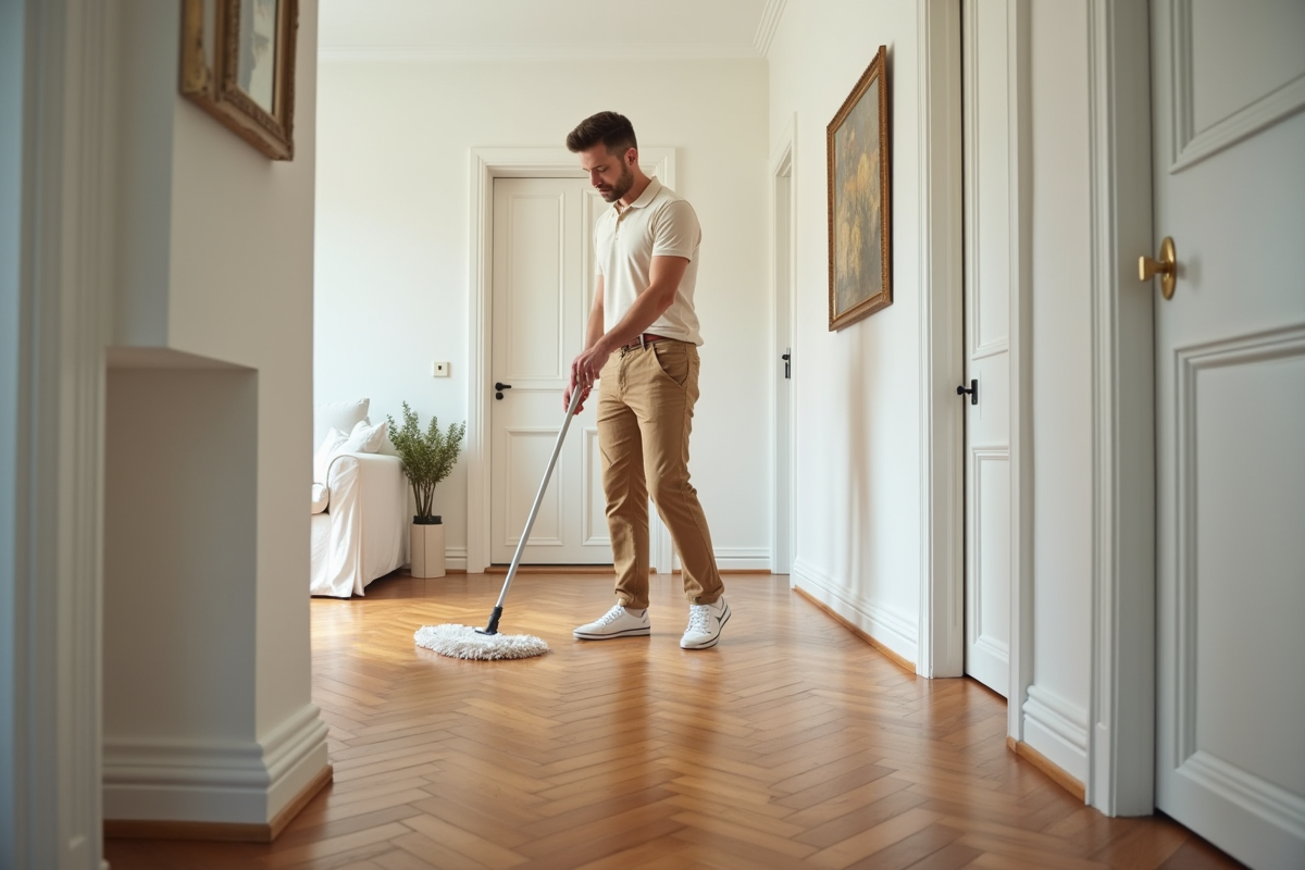 Jeune homme nettoyant un parquet à motifs dans un couloir spacieux