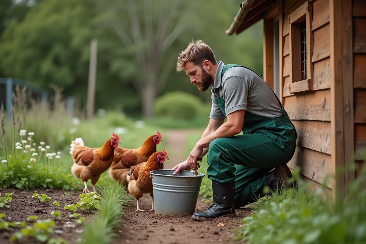 Jeune homme ramassant déjections de poules dans un jardin rural