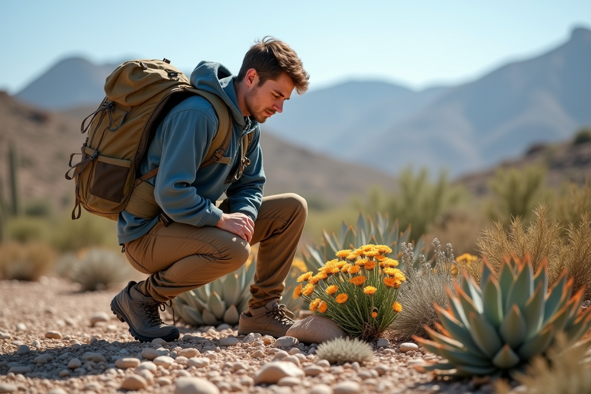 Jeune homme en extérieur inspectant des plantes grasses dans un jardin aride
