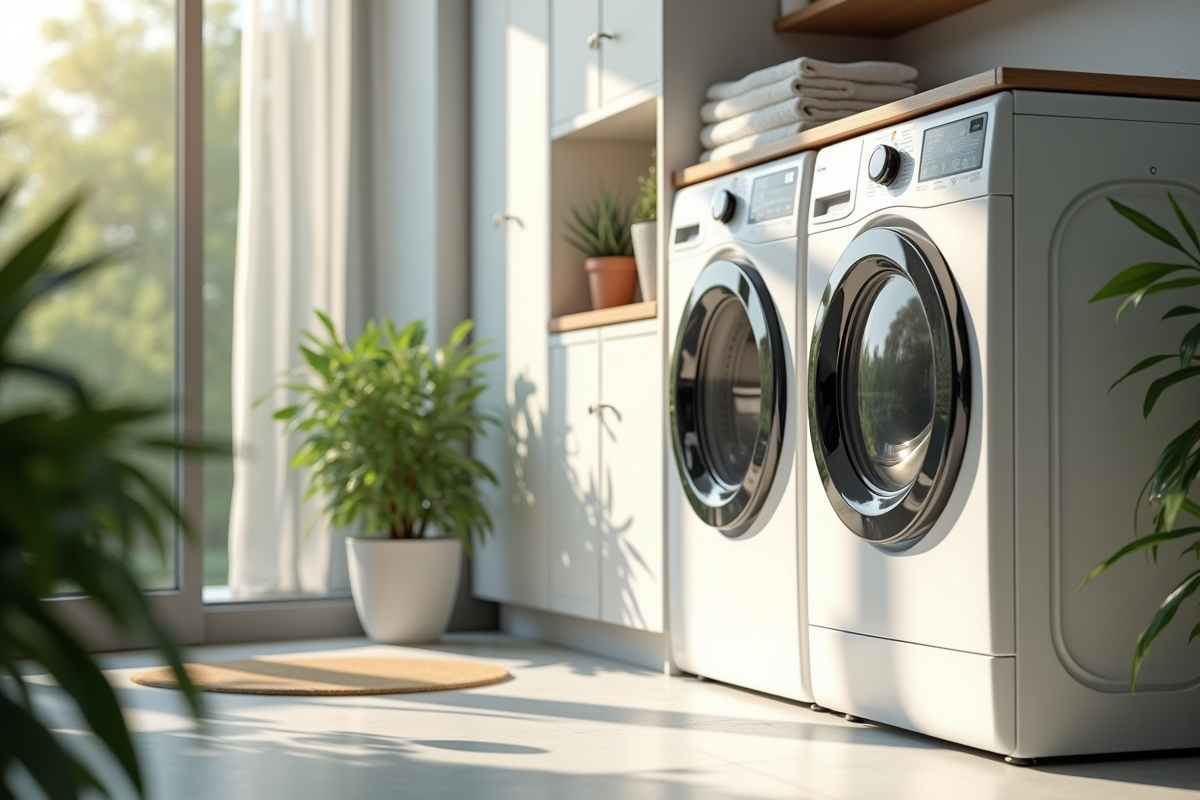 Lave-linge séchant moderne dans une salle lumineuse