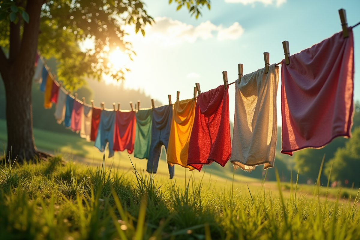Linge coloré suspendu en extérieur dans un cadre champêtre