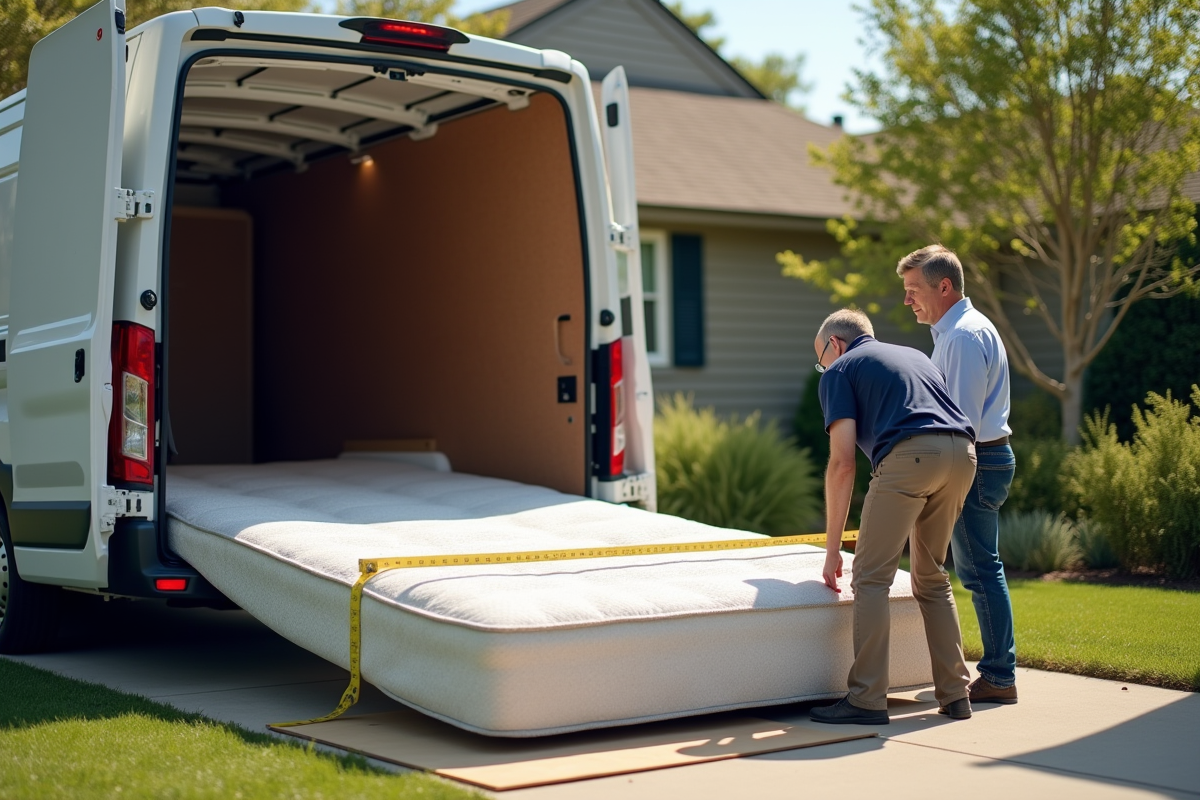Mesure d'un matelas king size à côté d'une camionnette blanche