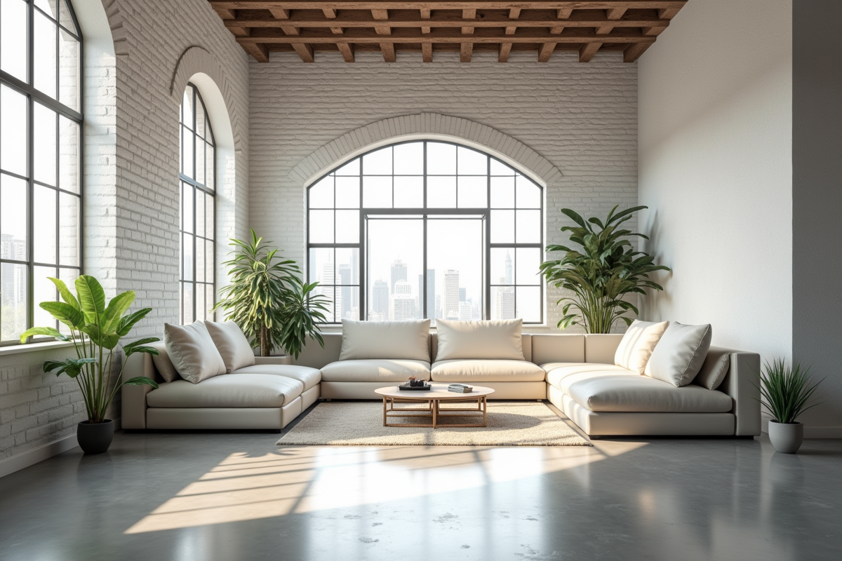 Loft industriel lumineux avec mobilier moderne et murs en briques blanches