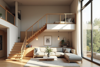 Intérieur d'un loft moderne avec mezzanine et escalier en bois
