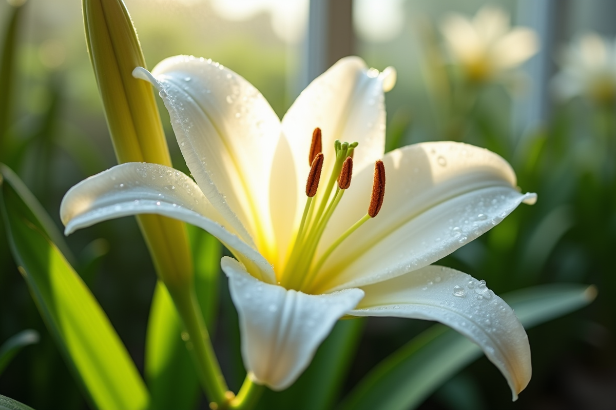 Une lys blanc en pleine floraison avec gouttes d'eau sur ses pétales