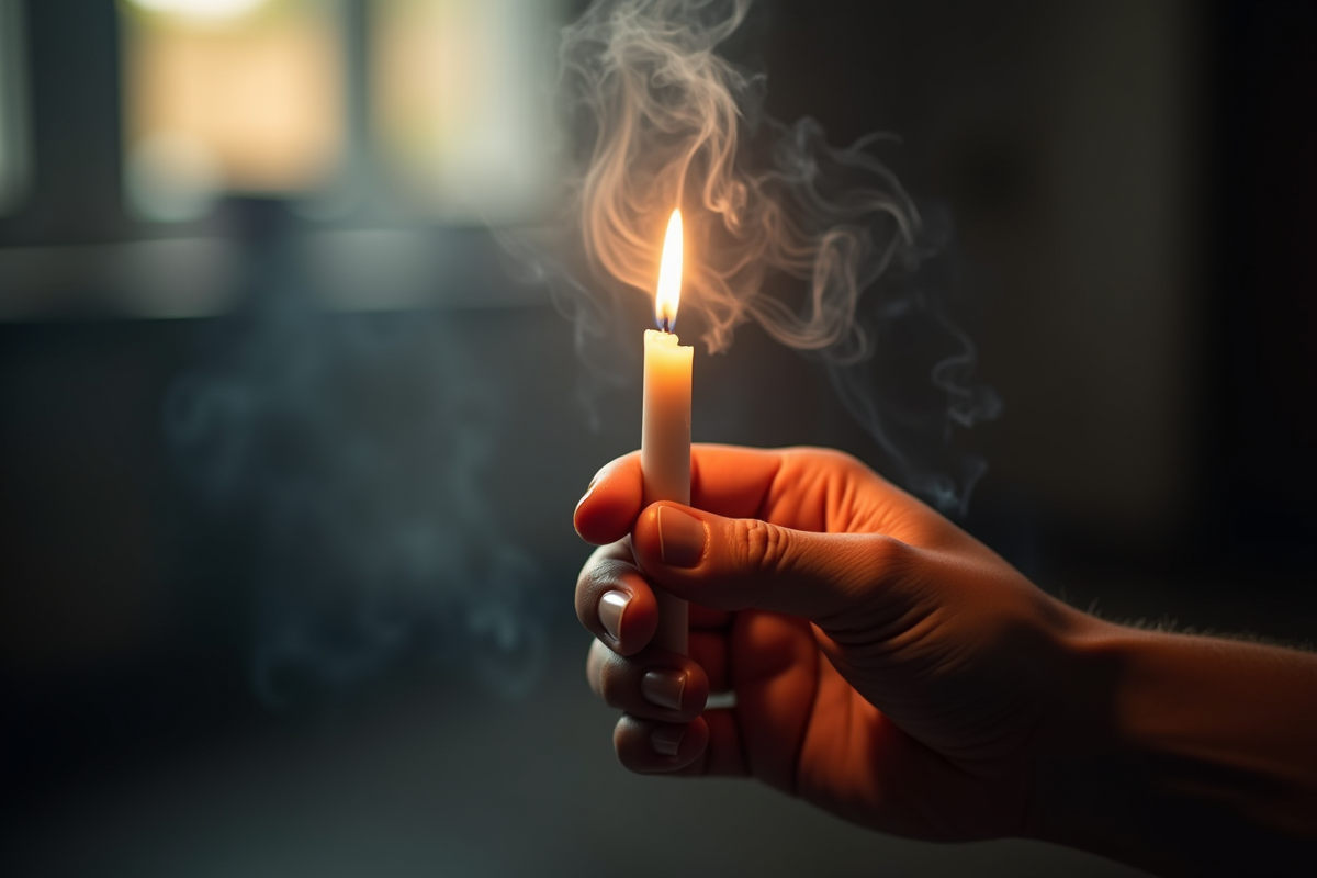Main tenant une bougie allumée avec de la fumée dense