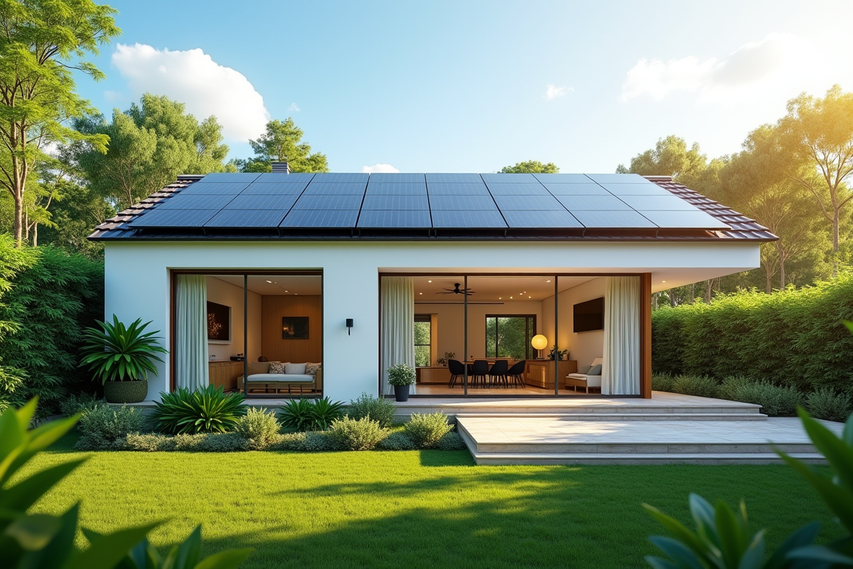 Maison contemporaine avec panneaux solaires et jardin verdoyant