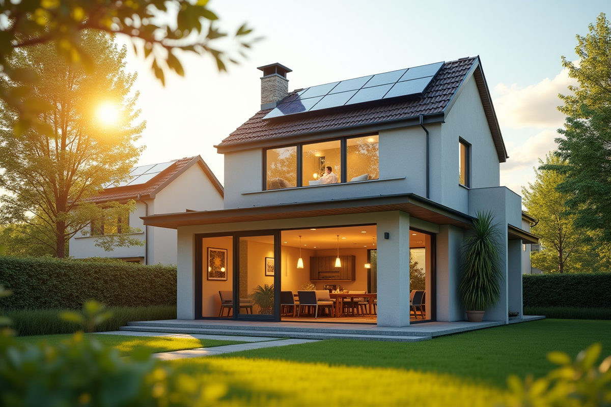 Maison moderne avec panneaux solaires et surchauffe visible