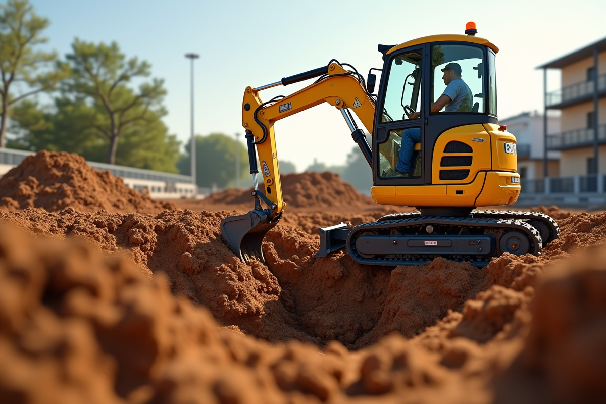 Mini excavatrice en action sur un chantier ensoleille avec operateur