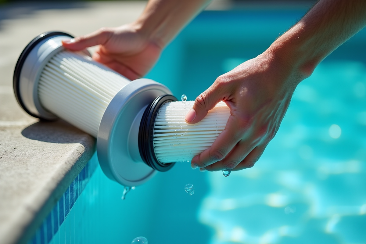 Mains nettoyant un filtre de piscine à côté de l
