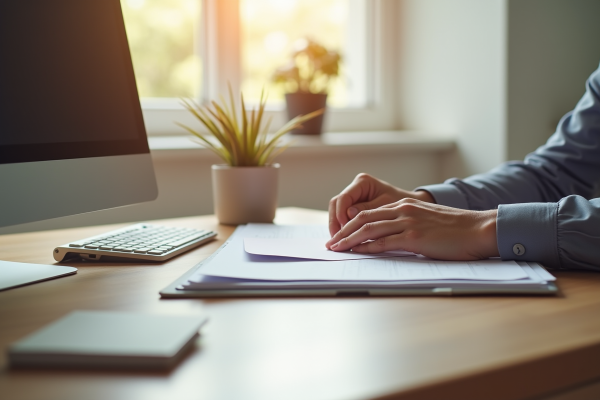 Main organisant des dossiers importants sur un bureau lumineux