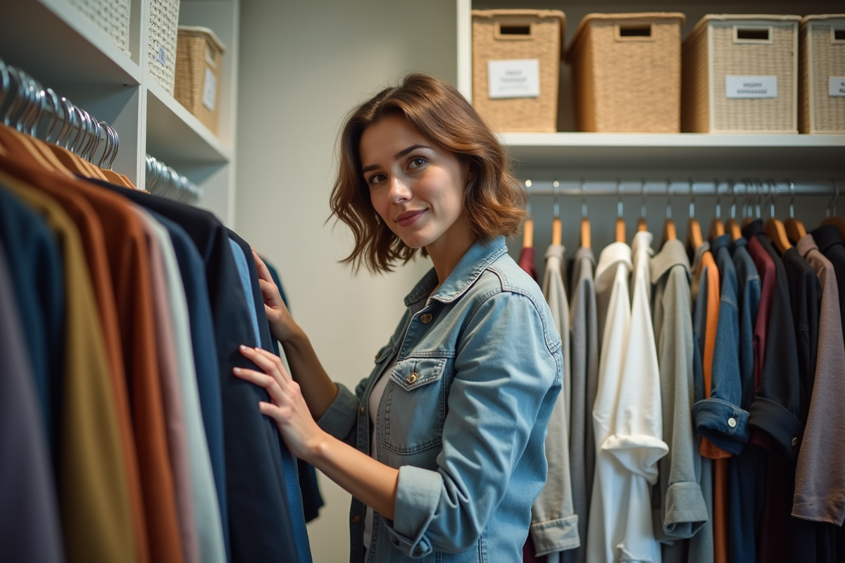 Personne range vêtements dans un placard lumineux