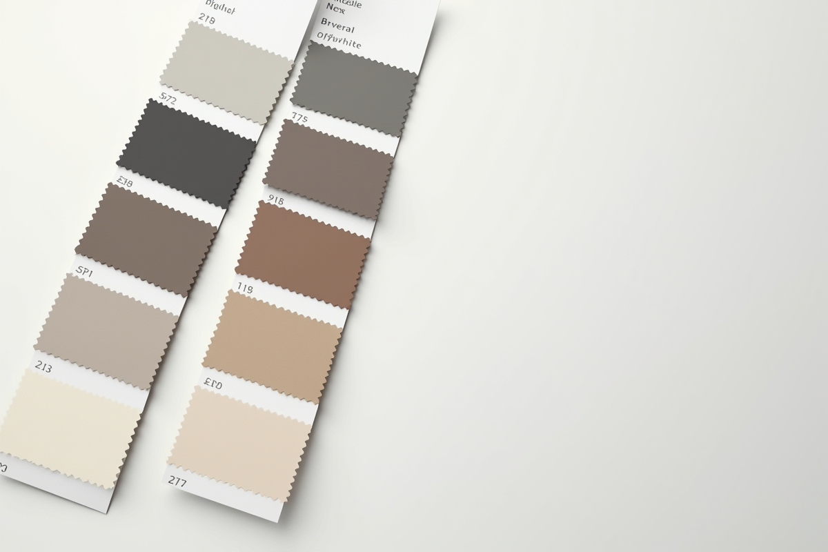 Palette de couleurs neutres sur table blanche avec textures visibles