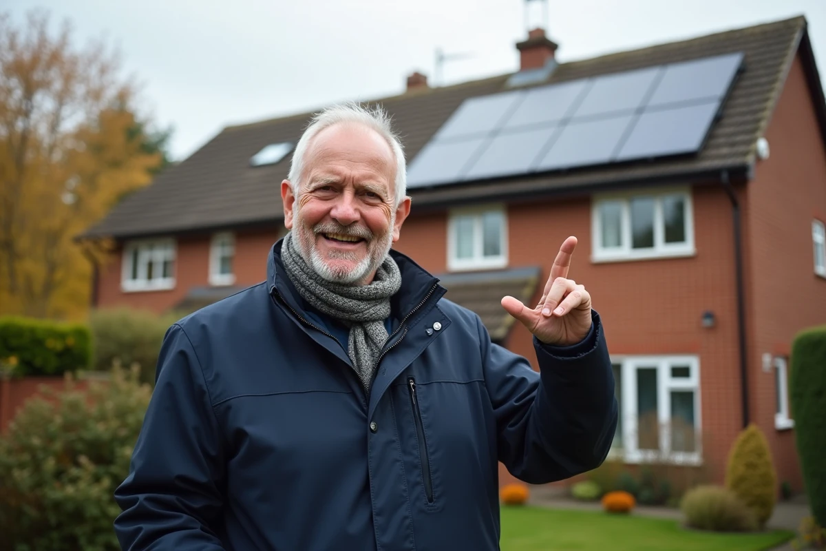 Homme souriant près de panneaux solaires sur le toit