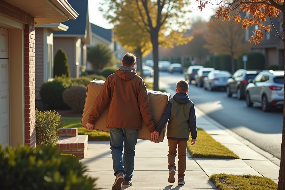 Père et fils portant un canapé dans une rue de banlieue