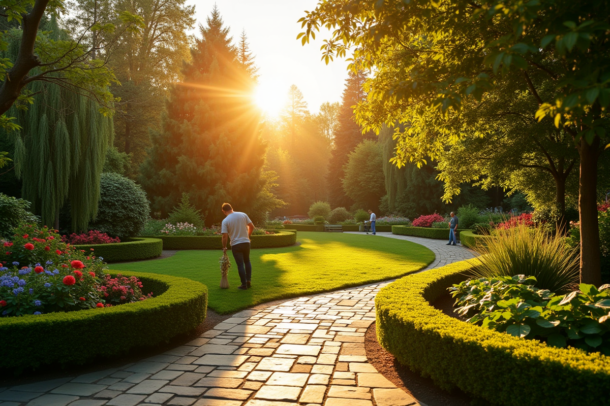 Jardin public paysager au coucher du soleil avec un jardinier au travail