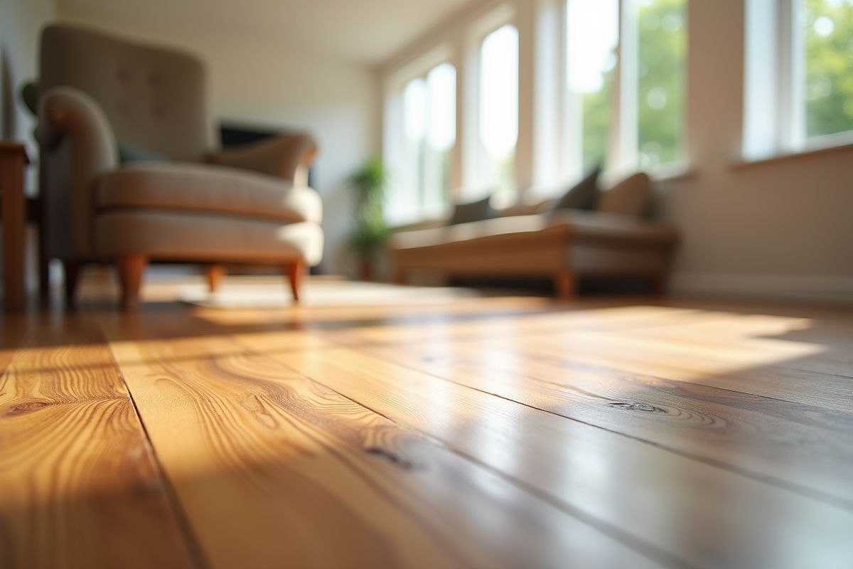 Salon spacieux avec parquet vitrifié brillant et lumière naturelle