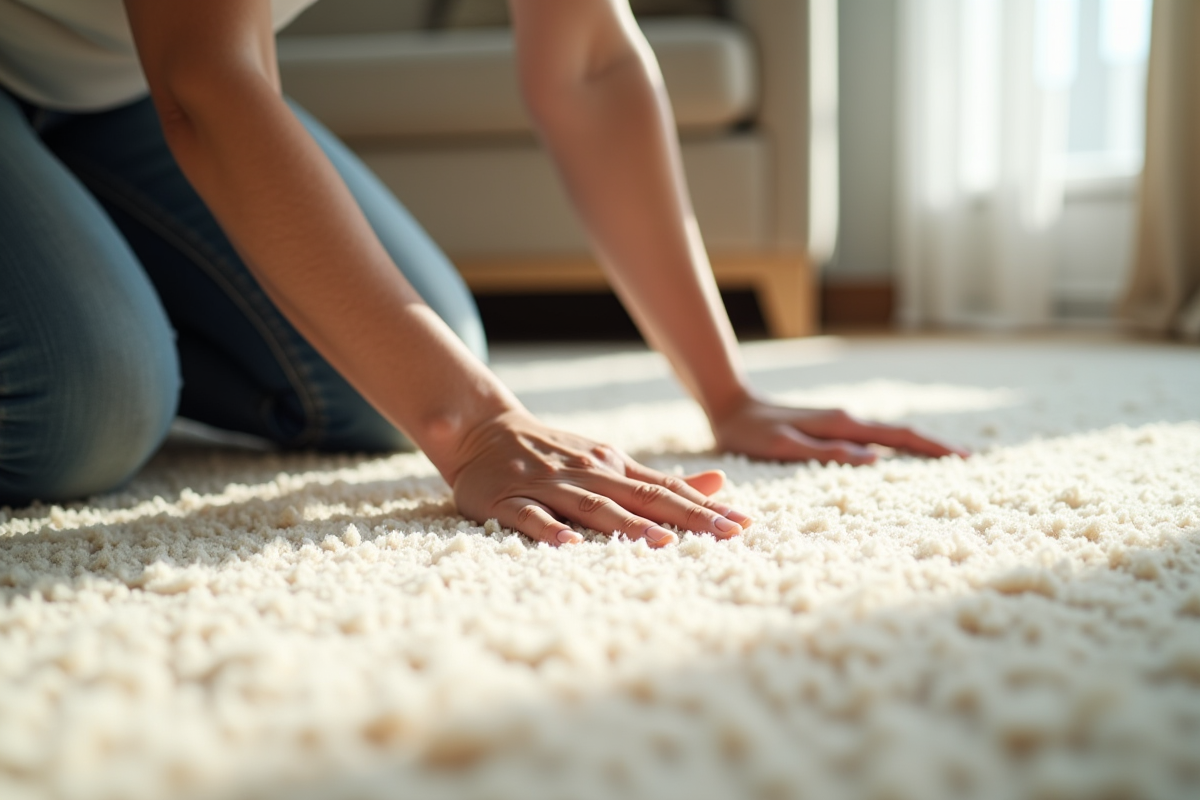 Personne lissant un tapis dans un salon lumineux