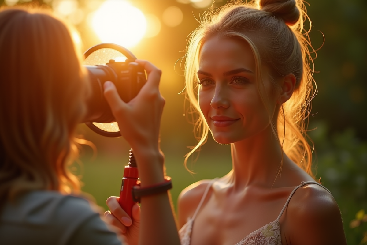 Photographe utilisant un réflecteur en extérieur lors de l