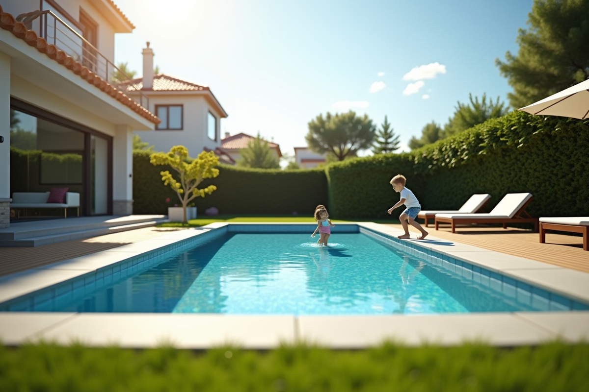 Piscine moderne dans un jardin familial ensoleille