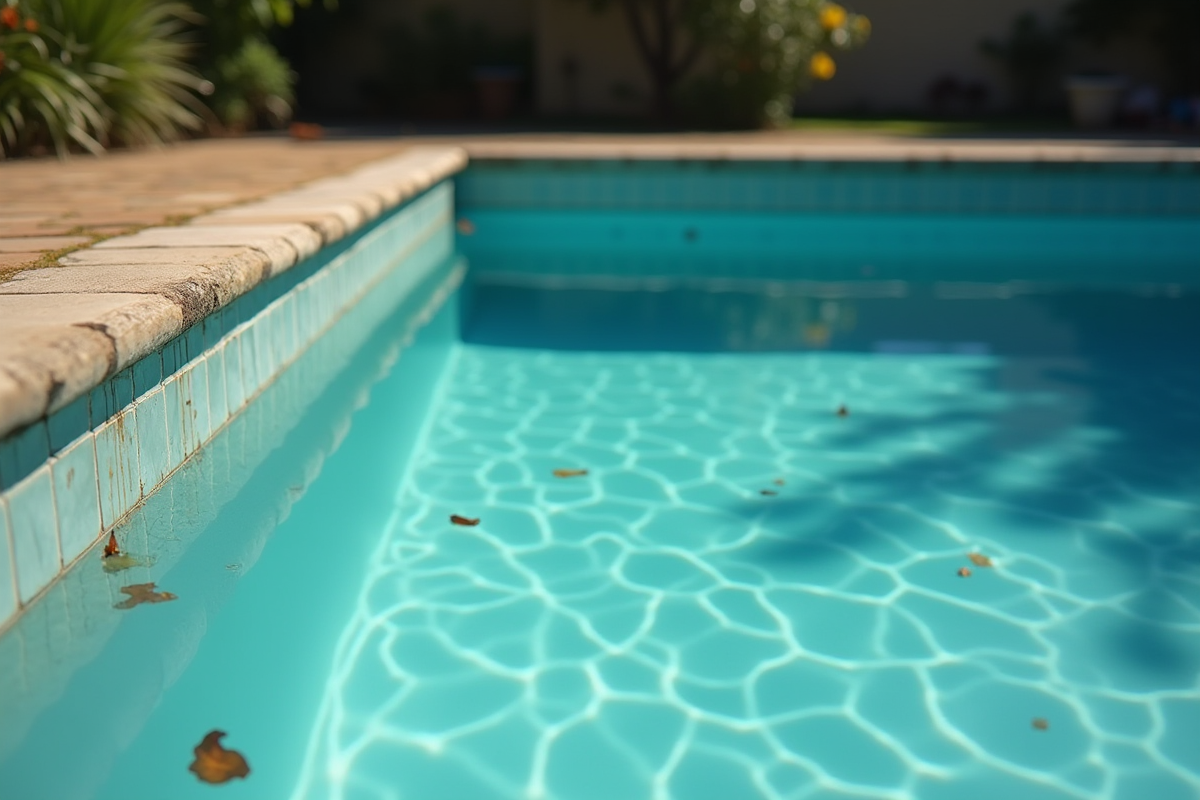 Piscine extérieure usée avec tuiles et eau fanée