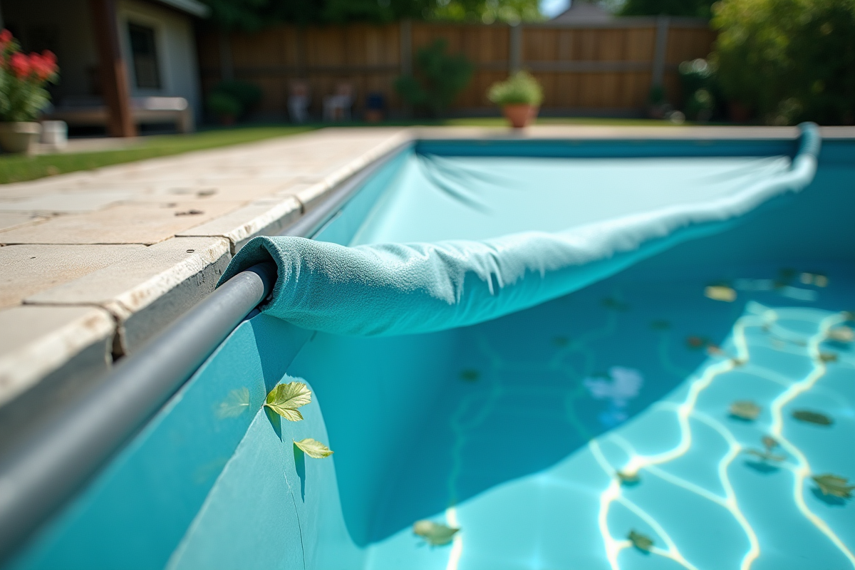 Piscine dans le jardin avec couverture déchirée laissant voir l'eau