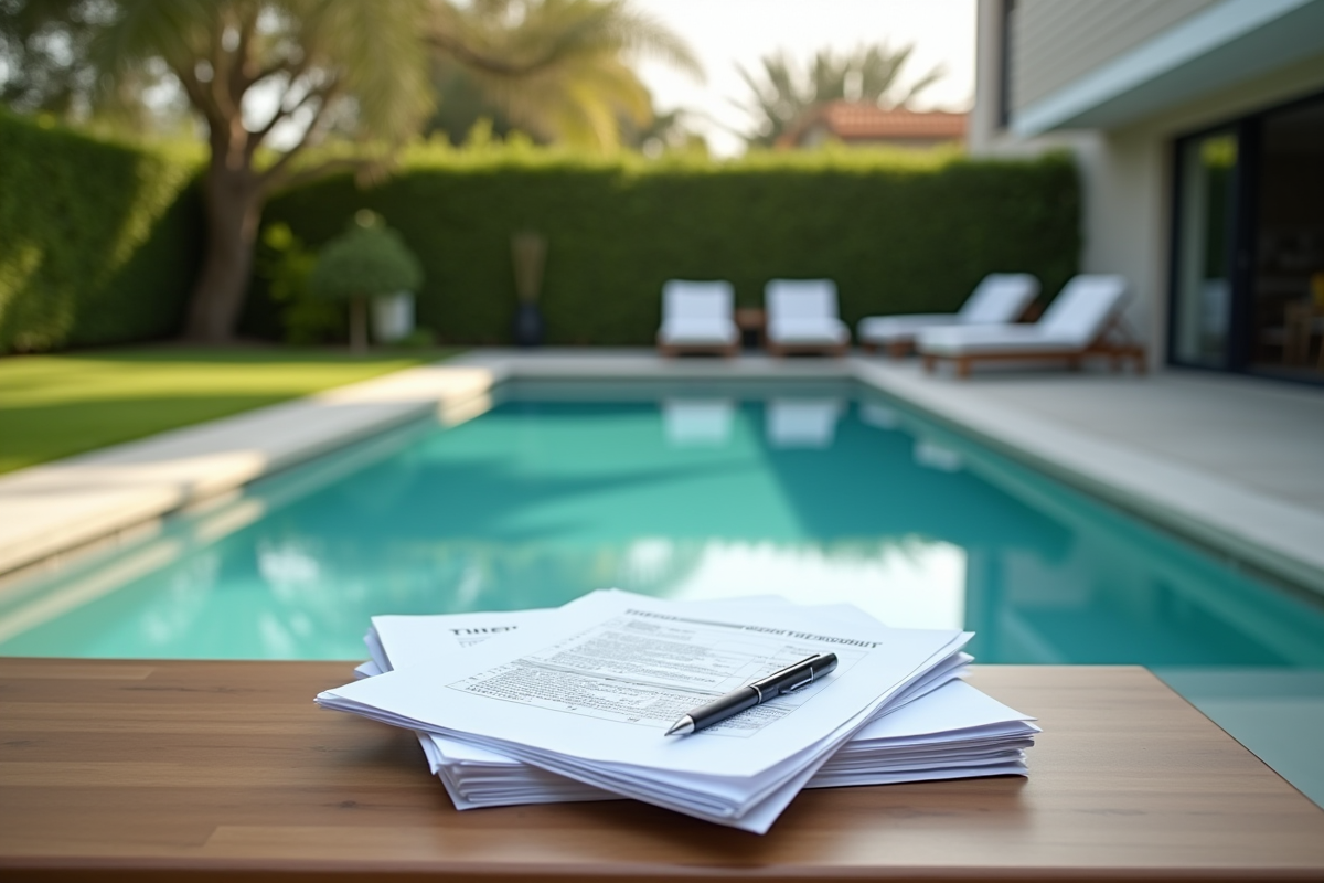 Jardin moderne avec piscine et documents d'impots
