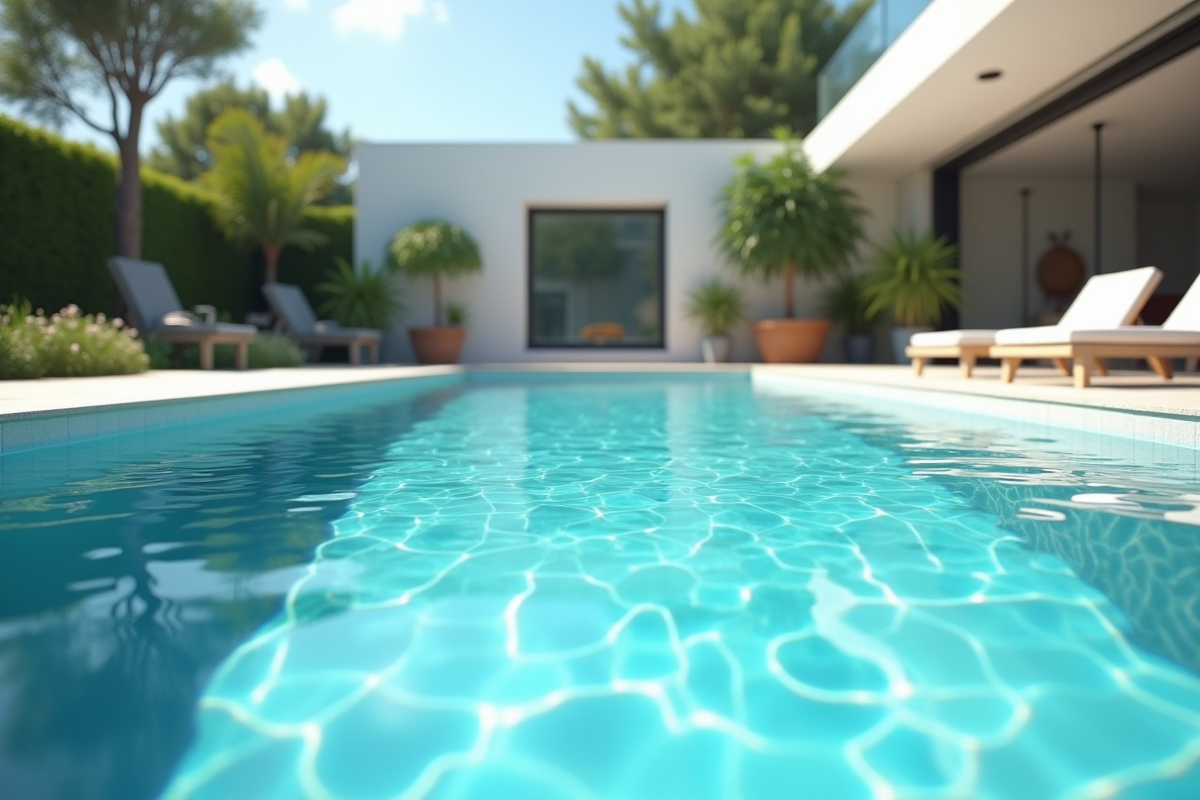 Piscine moderne dans un jardin ensoleille avec eau claire