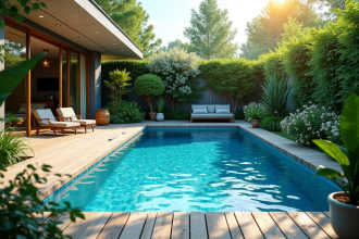 Piscine privée moderne entourée de plantes vertes et fleurs