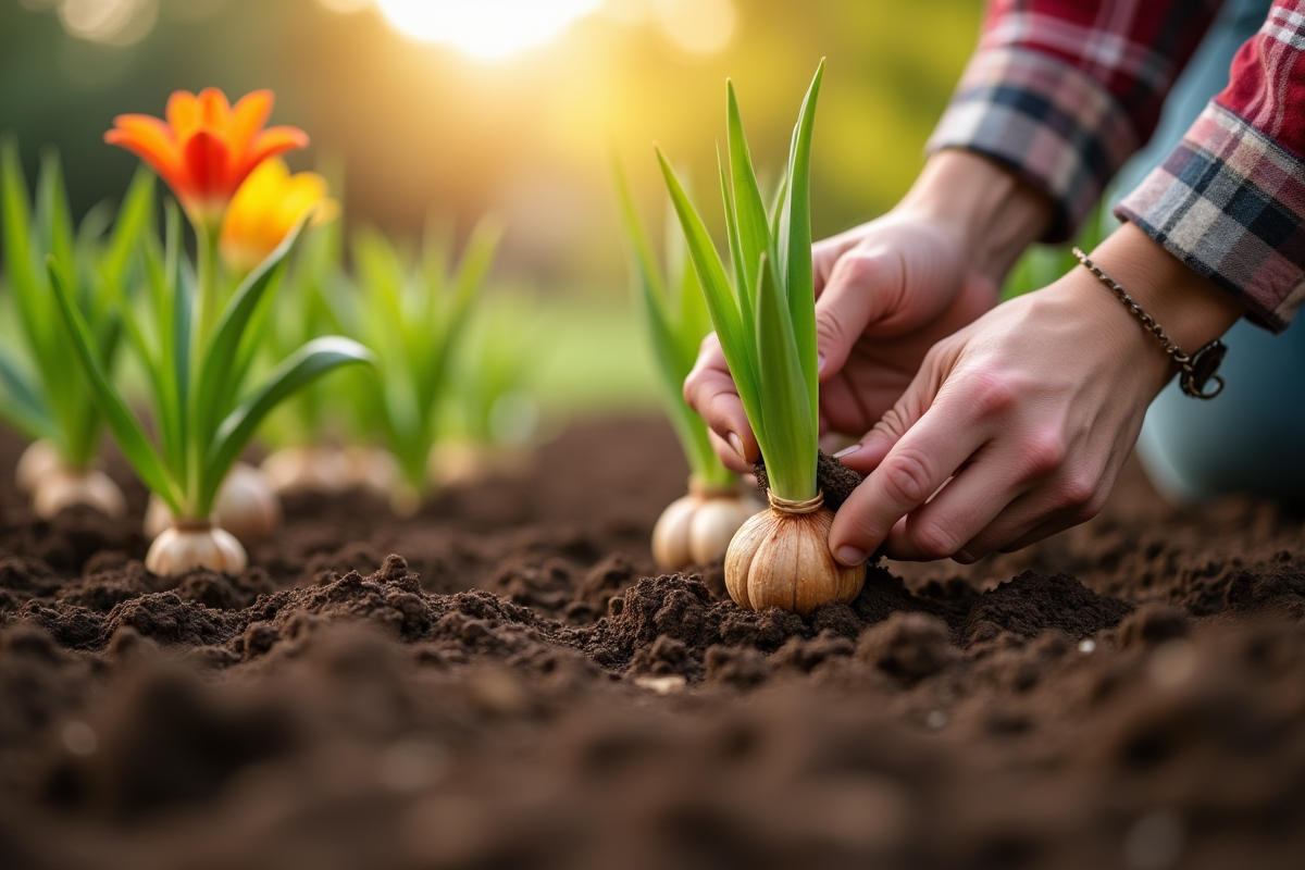 Jardinier plantant des bulbes de lys dans la terre