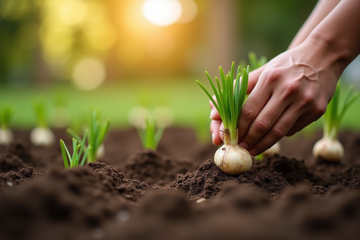 Mains plantant des bulbes de lilas dans un sol de jardin ensoleille