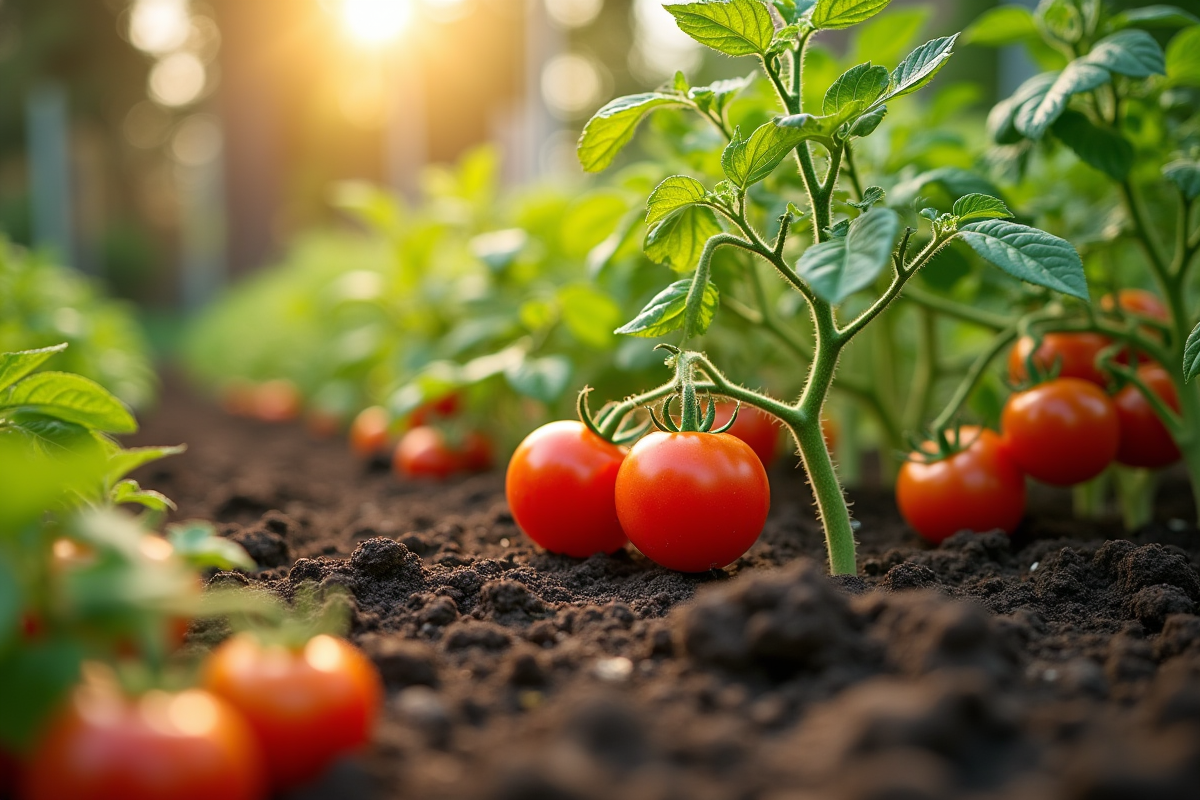 Plants de tomates en jardin ensoleille avec fertilisation naturelle