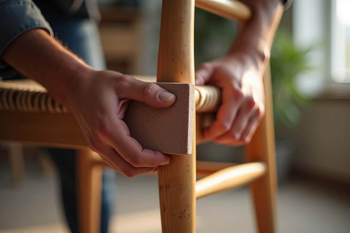 Main ponçant une chaise en bois avec bloc de ponçage