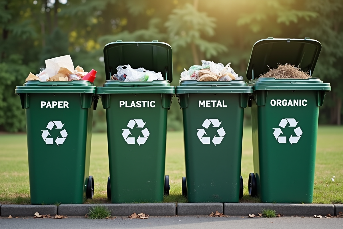 Conteneurs de tri sélectif en extérieur avec déchets organisés