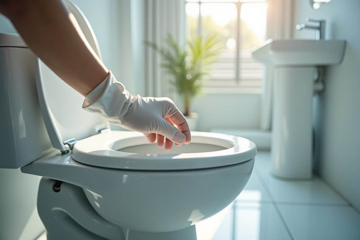 Main en gant resserrant un boulon sous la toilette