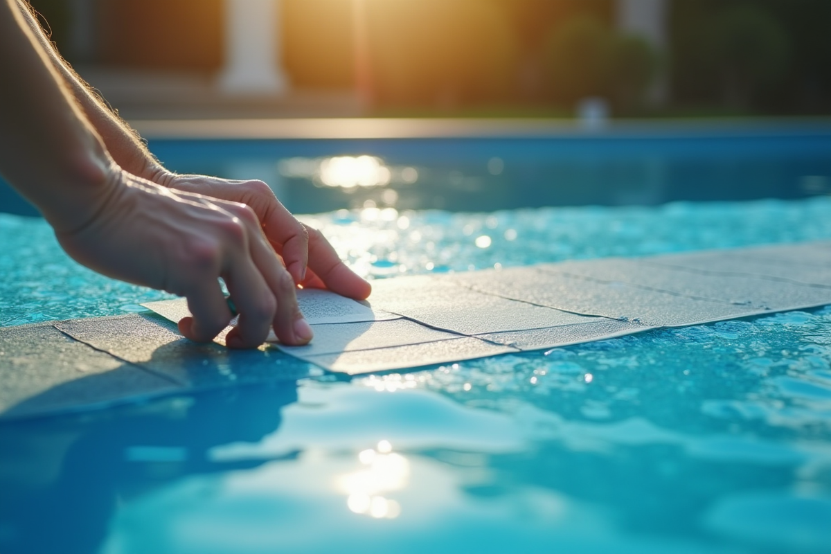 Mains réparant la couverture de la piscine avec un kit de patch