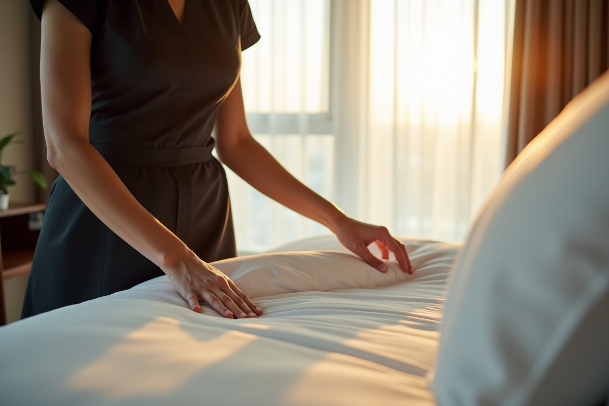 Femme de ménage faisant le lit dans une chambre lumineuse d