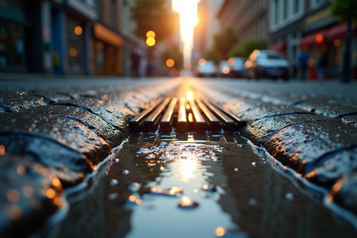 Rue urbaine apres pluie avec drainage efficace