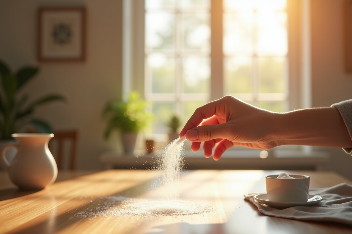 Main saupoudrant du sel dans un intérieur moderne et paisible