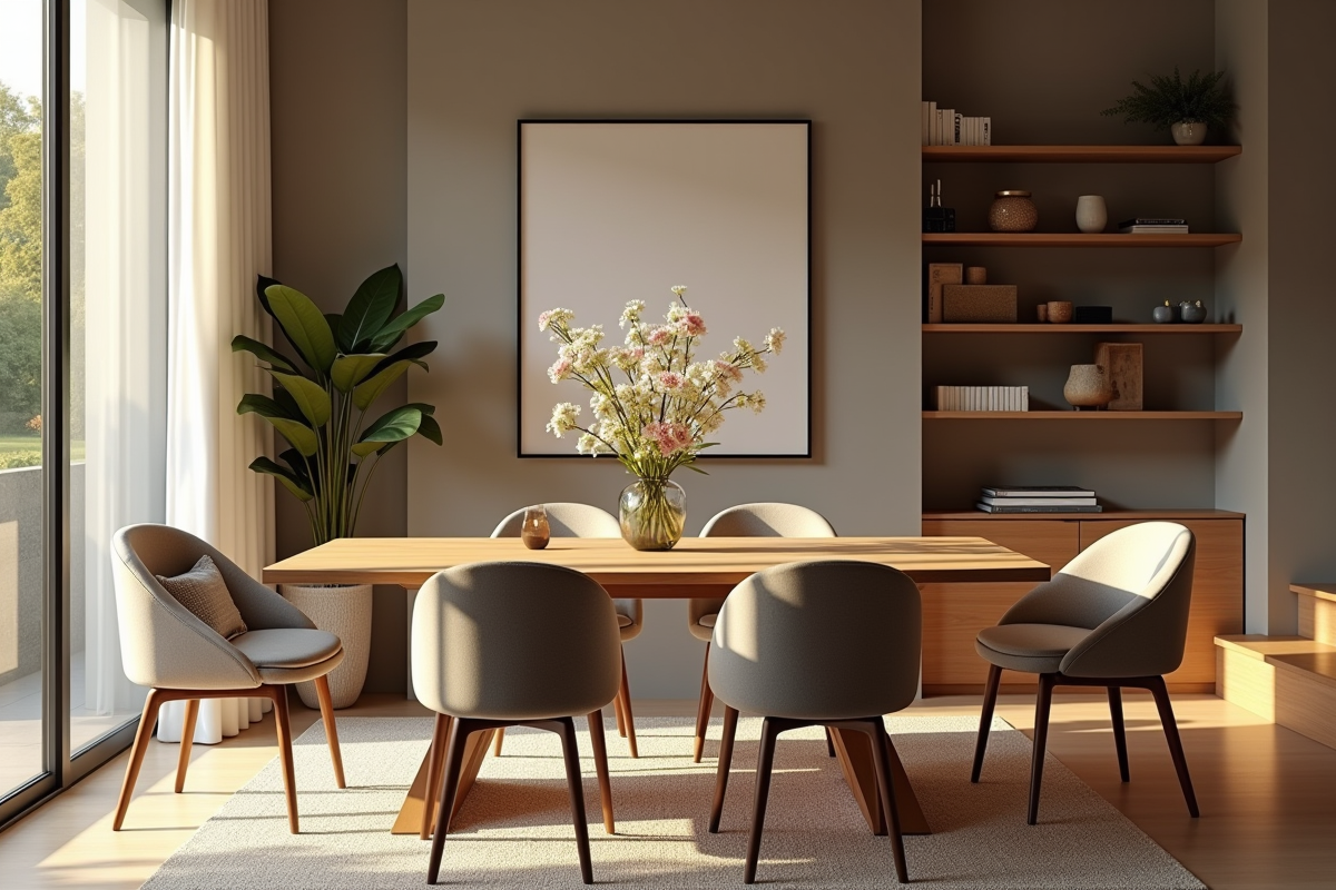 Salle à manger chaleureuse avec table en bois et fleurs