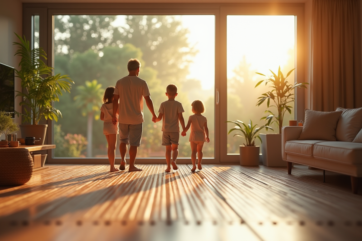 Salon moderne avec chauffage au sol écologique et lumière naturelle