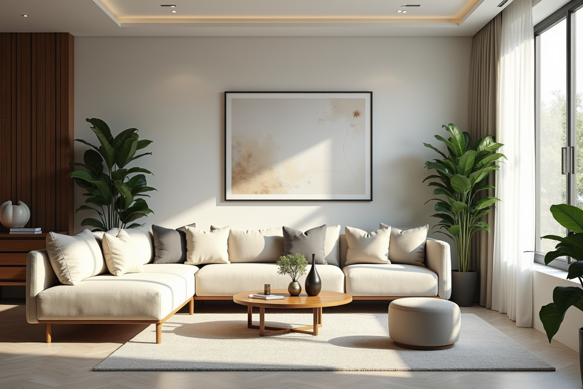 Salon moderne lumineux avec plantes et œuvres d'art